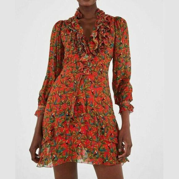 Farm Rio Medium Tucano Paradise Dress | Ruffle Mini, Parrot Print, Tropical - Picture 1 of 8